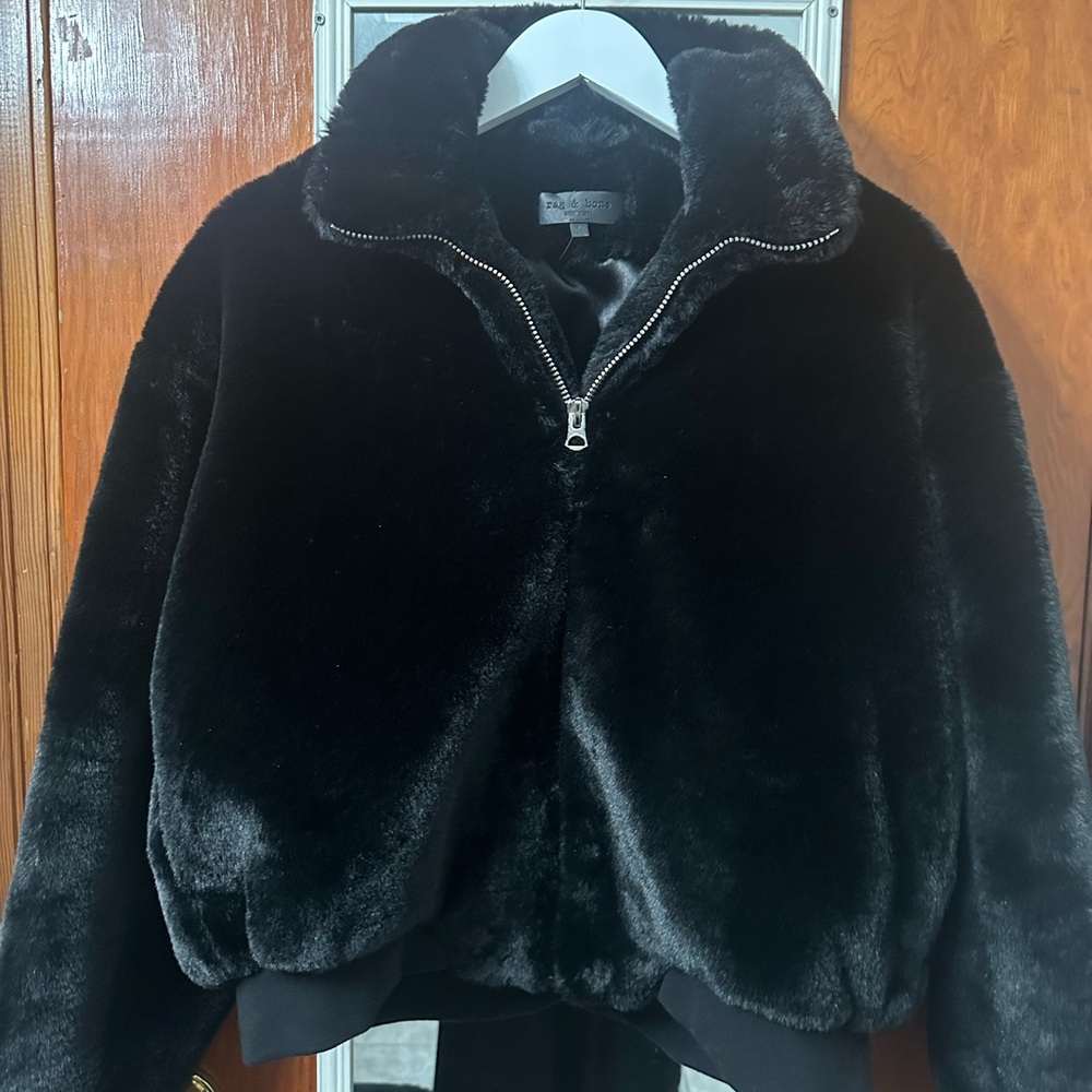 Rag & Bone Rich Black Faux Fur Bomber Jacket - Picture 2 of 5